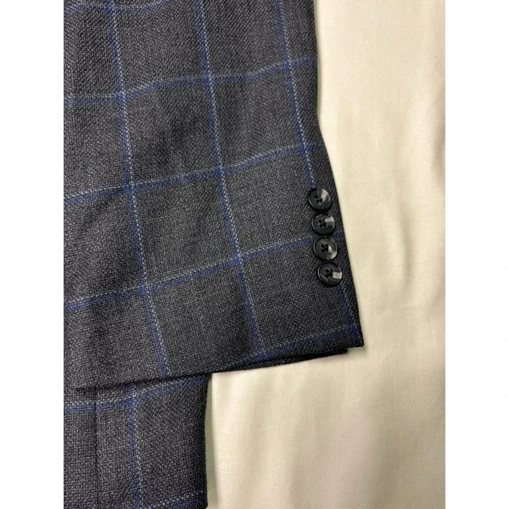 Jos. A. Bank Traveler Blazer Mens 40R Grey Blue Windowpane Plaid 100% Wool
